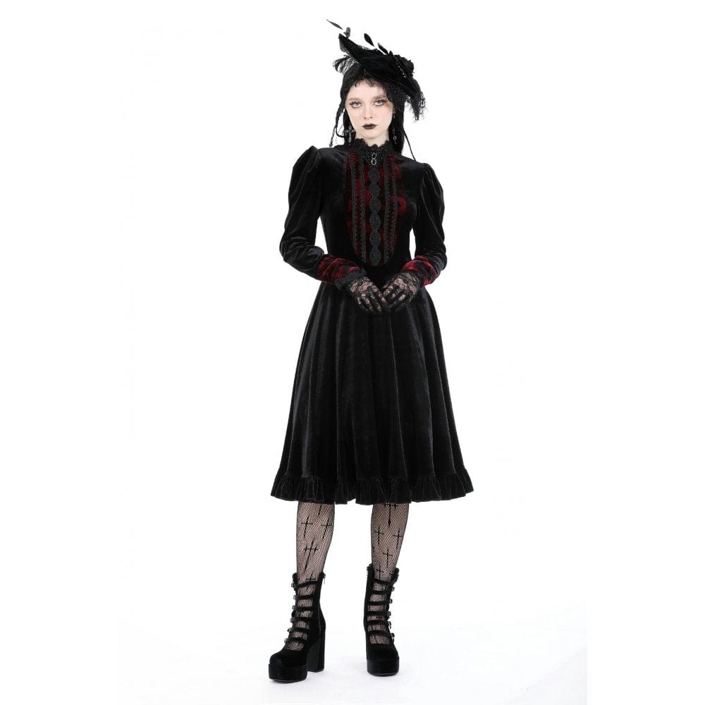 Darkinlove Women's Gothic Puff Sleeved Stand Collar Velvet Dress