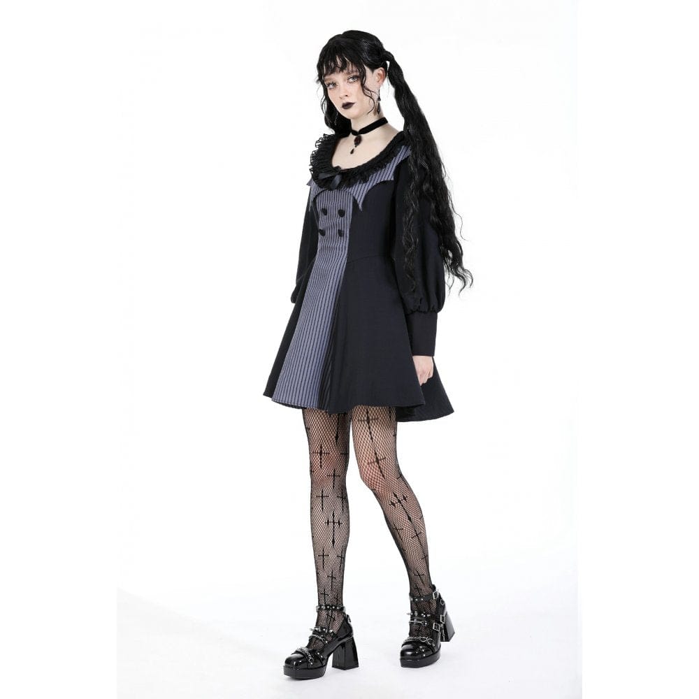 Darkinlove Women's Gothic Puff Sleeved Striped Dress