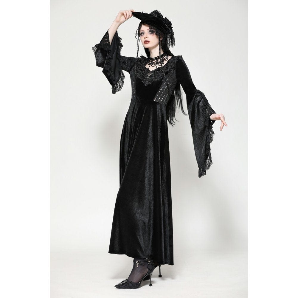 Darkinlove Women's Gothic Ripped Lace Velvet Maxi Dress Wedding Dress