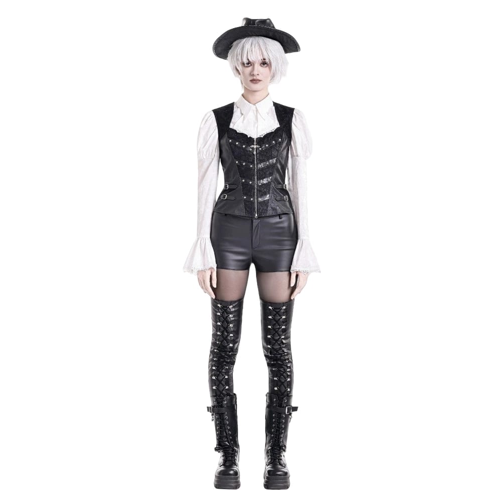 Darkinlove Women's Gothic Rivet Buckle Strap Zipper Vest