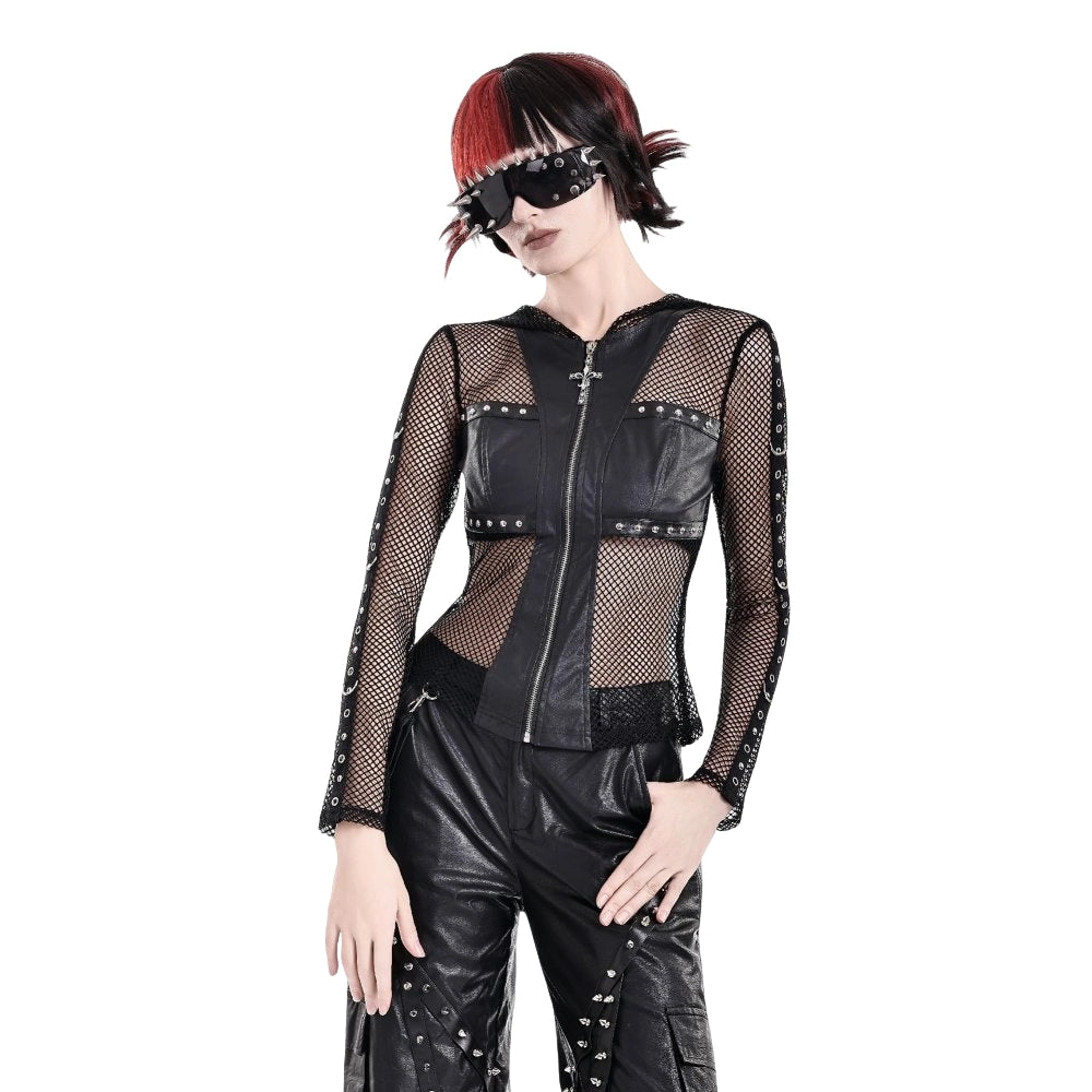 Darkinlove Women's Gothic Rivet Zipper Hooded Long Sleeve Mesh Top