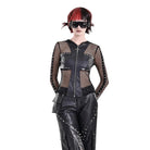 Darkinlove Women's Gothic Rivet Zipper Hooded Long Sleeve Mesh Top