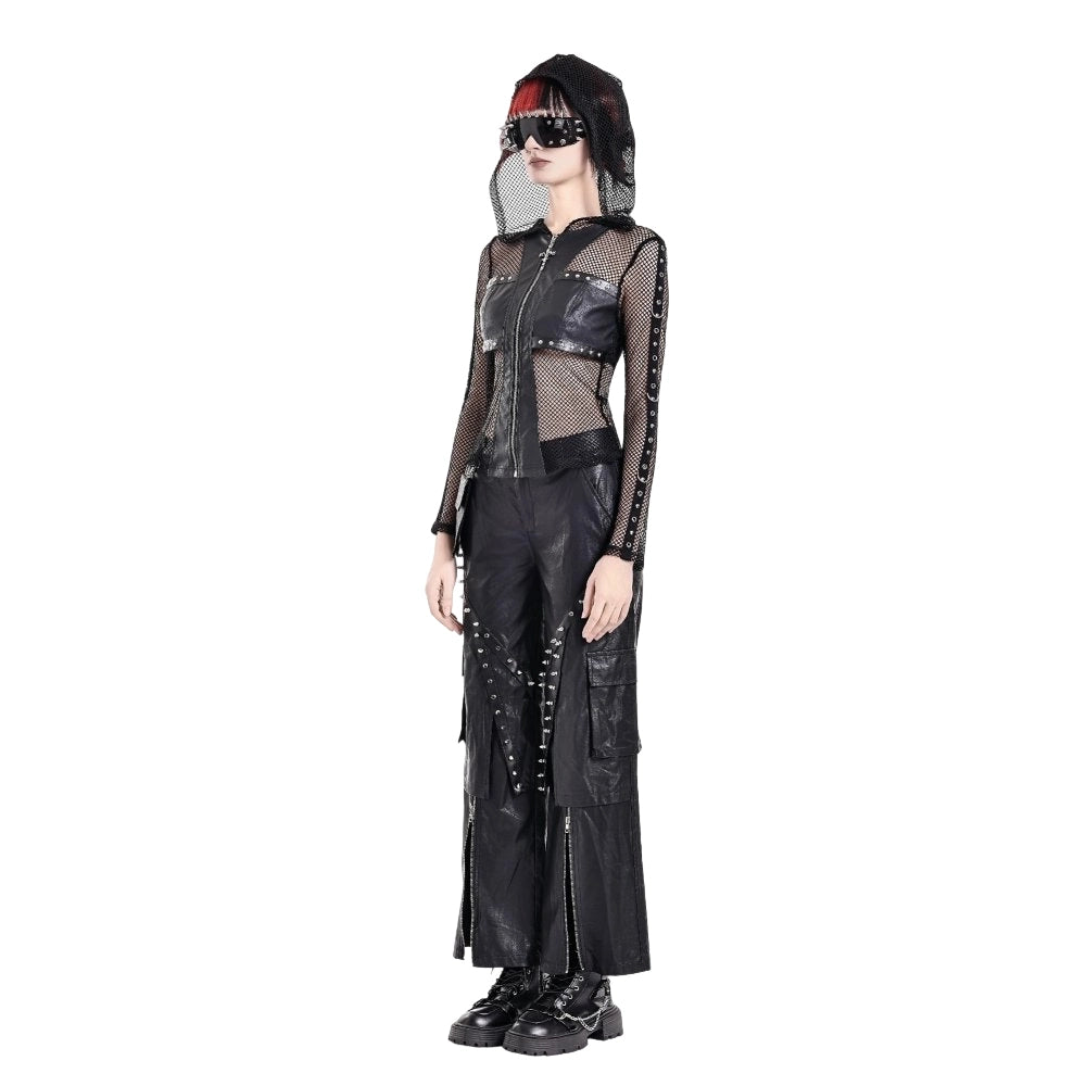 Darkinlove Women's Gothic Rivet Zipper Hooded Long Sleeve Mesh Top
