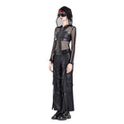 Darkinlove Women's Gothic Rivet Zipper Hooded Long Sleeve Mesh Top