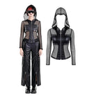 Darkinlove Women's Gothic Rivet Zipper Hooded Long Sleeve Mesh Top