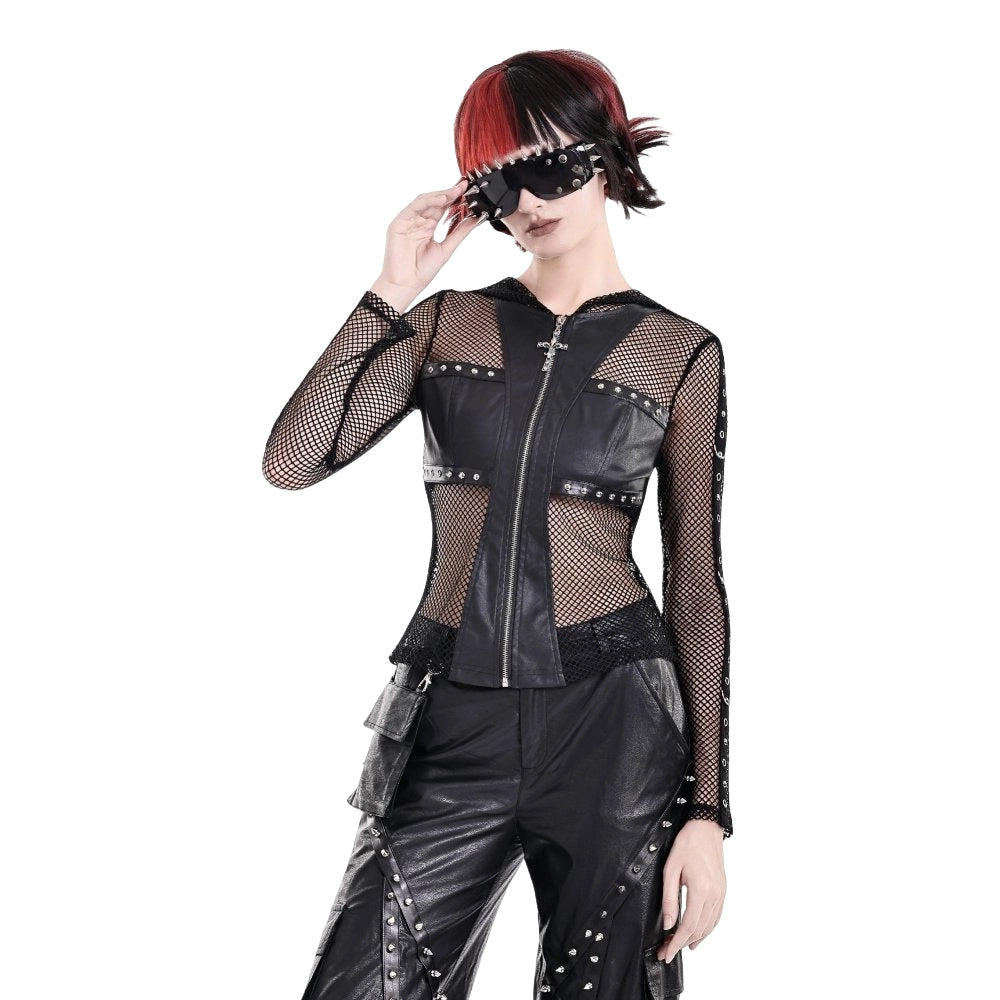 Darkinlove Women's Gothic Rivet Zipper Hooded Long Sleeve Mesh Top