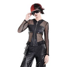 Darkinlove Women's Gothic Rivet Zipper Hooded Long Sleeve Mesh Top
