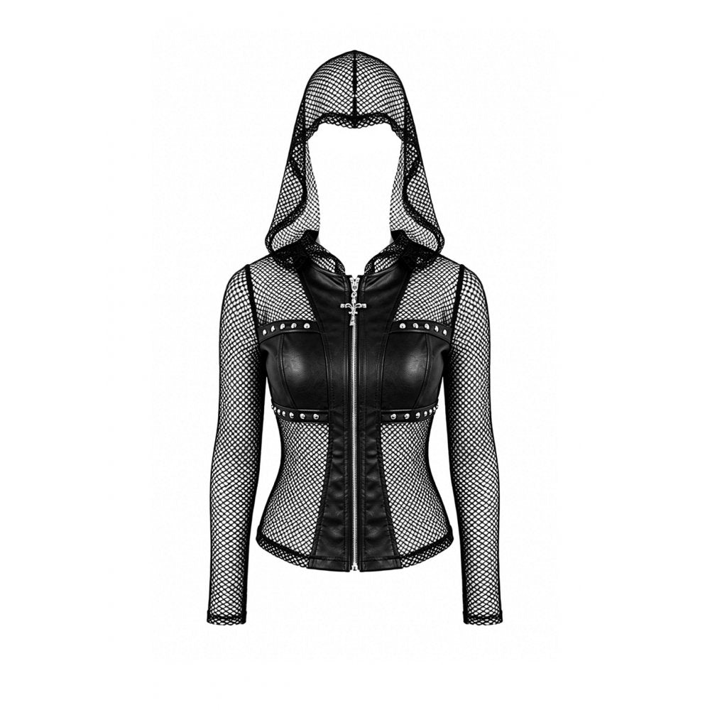 Darkinlove Women's Gothic Rivet Zipper Hooded Long Sleeve Mesh Top