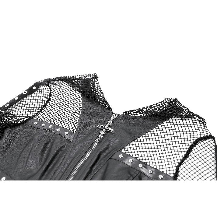 Darkinlove Women's Gothic Rivet Zipper Hooded Long Sleeve Mesh Top