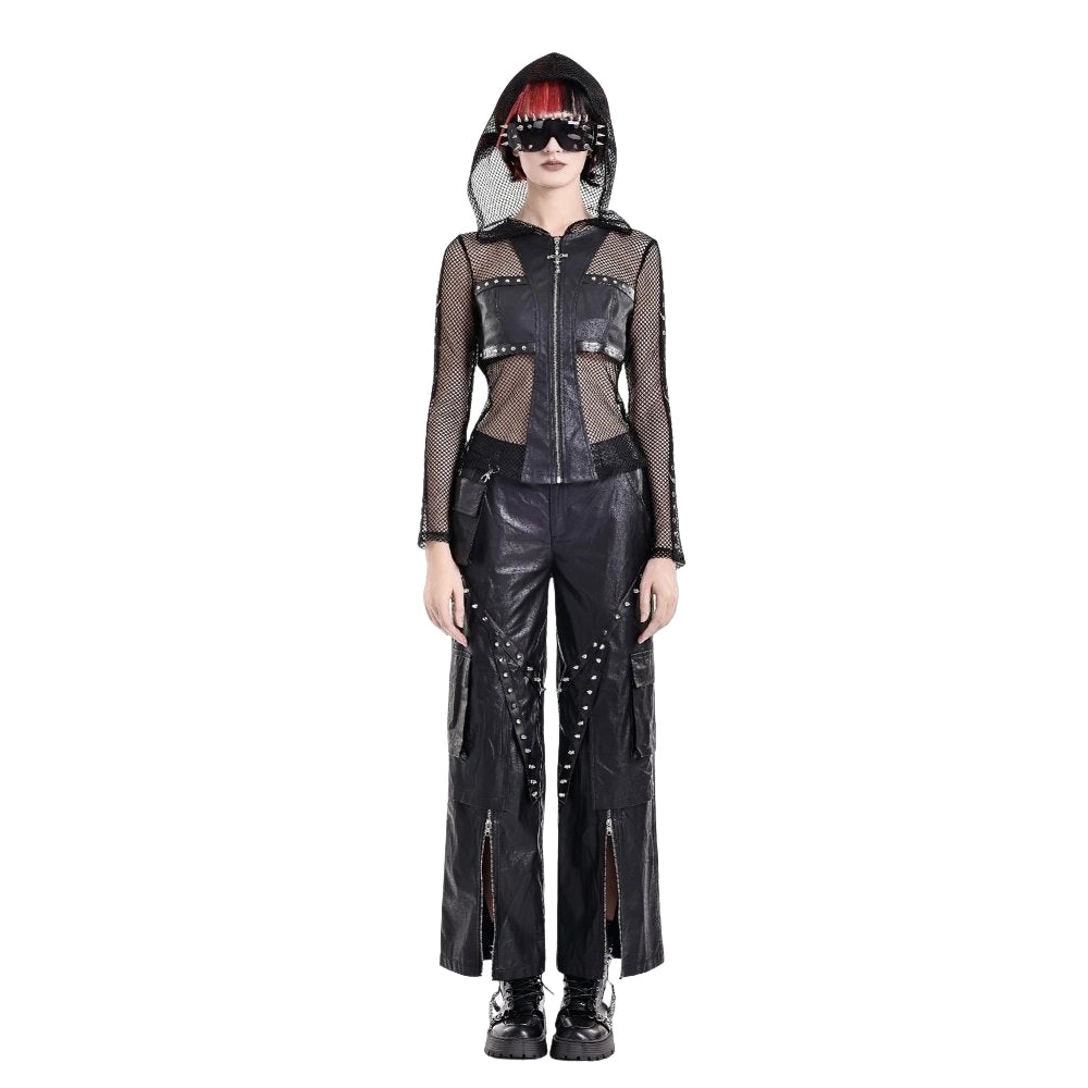 Darkinlove Women's Gothic Rivet Zipper Hooded Long Sleeve Mesh Top