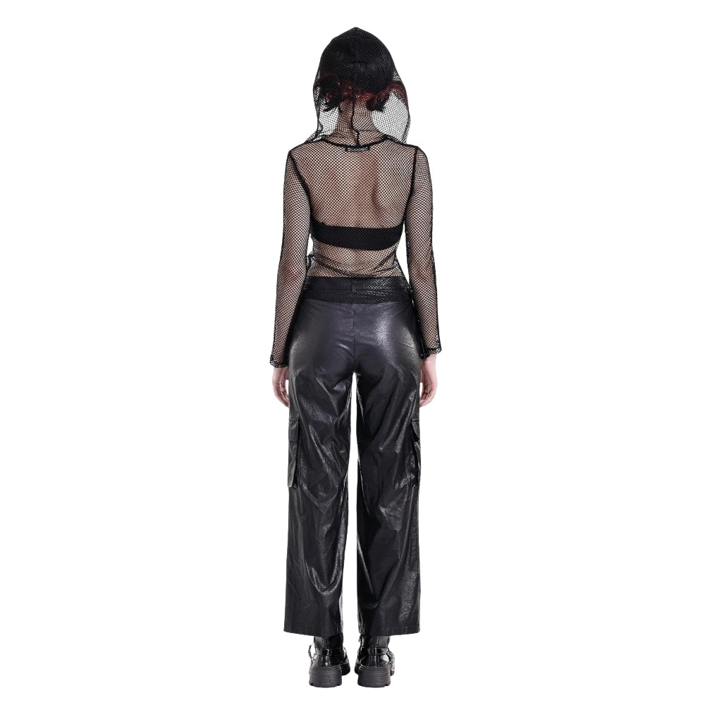 Darkinlove Women's Gothic Rivet Zipper Hooded Long Sleeve Mesh Top