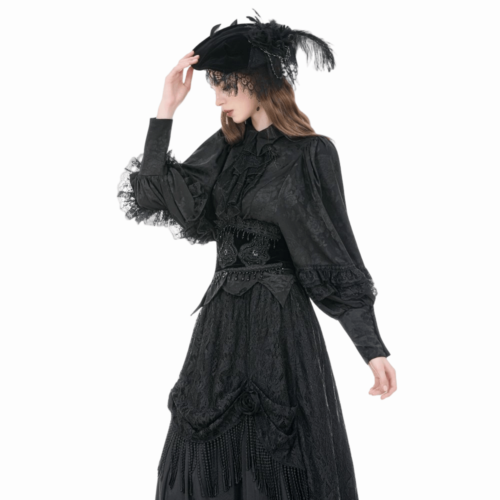 Darkinlove Women's Gothic Rose Jacquard Irregular Hem Long Sleeve Shirt with Detachable Tie