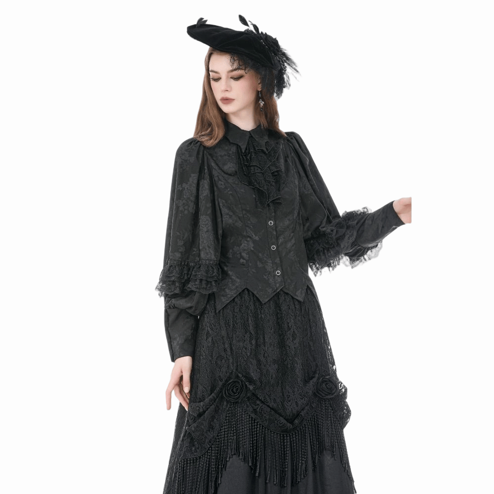 Darkinlove Women's Gothic Rose Jacquard Irregular Hem Long Sleeve Shirt with Detachable Tie