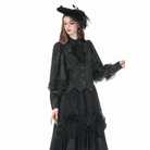 Darkinlove Women's Gothic Rose Jacquard Irregular Hem Long Sleeve Shirt with Detachable Tie