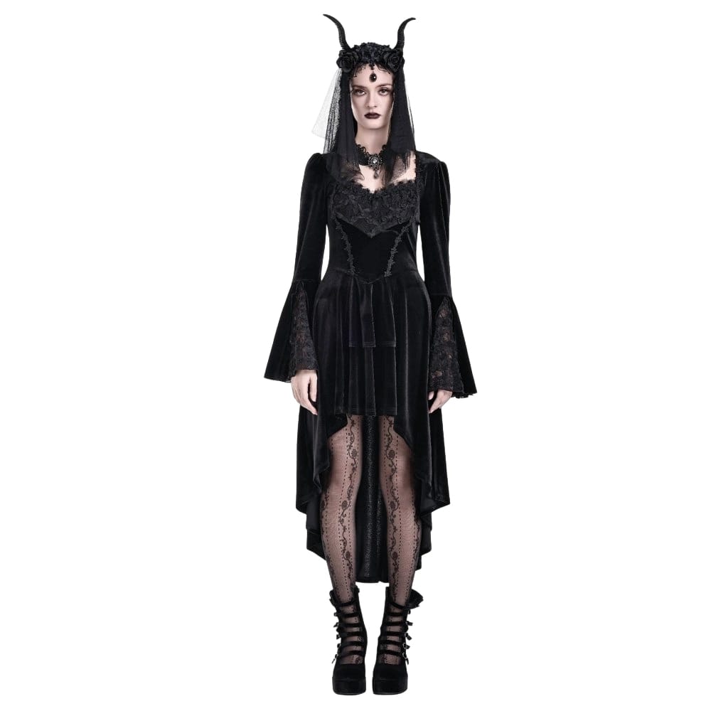 Darkinlove Women's Gothic Rose Lace Splice Ruffle High-Low Hem Flare Sleeve Velvet Dress