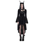 Darkinlove Women's Gothic Rose Lace Splice Ruffle High-Low Hem Flare Sleeve Velvet Dress