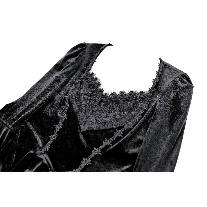 Darkinlove Women's Gothic Rose Lace Splice Ruffle High-Low Hem Flare Sleeve Velvet Dress