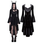 Darkinlove Women's Gothic Rose Lace Splice Ruffle High-Low Hem Flare Sleeve Velvet Dress
