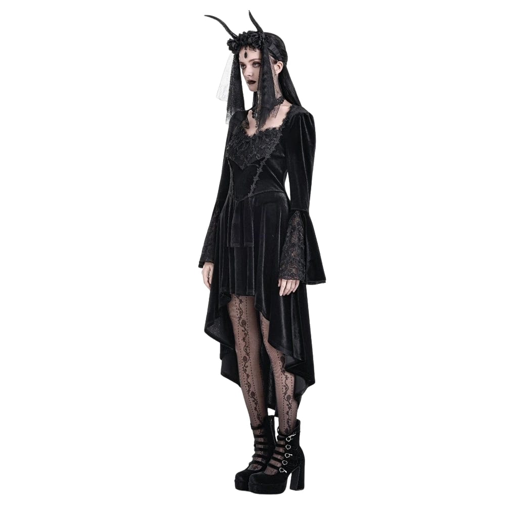Darkinlove Women's Gothic Rose Lace Splice Ruffle High-Low Hem Flare Sleeve Velvet Dress