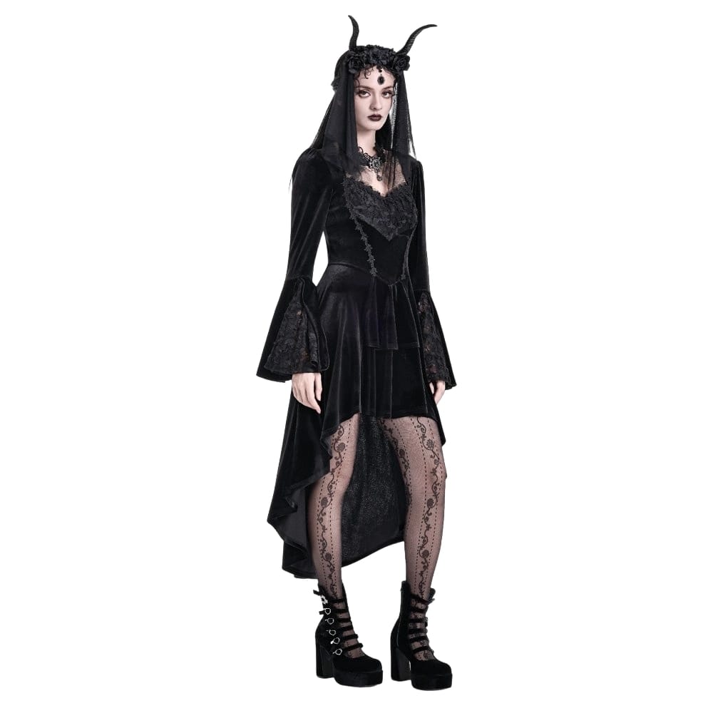 Darkinlove Women's Gothic Rose Lace Splice Ruffle High-Low Hem Flare Sleeve Velvet Dress