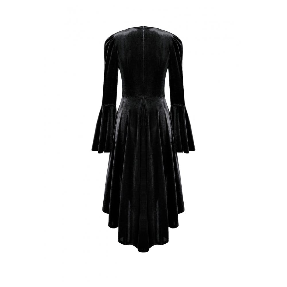 Darkinlove Women's Gothic Rose Lace Splice Ruffle High-Low Hem Flare Sleeve Velvet Dress