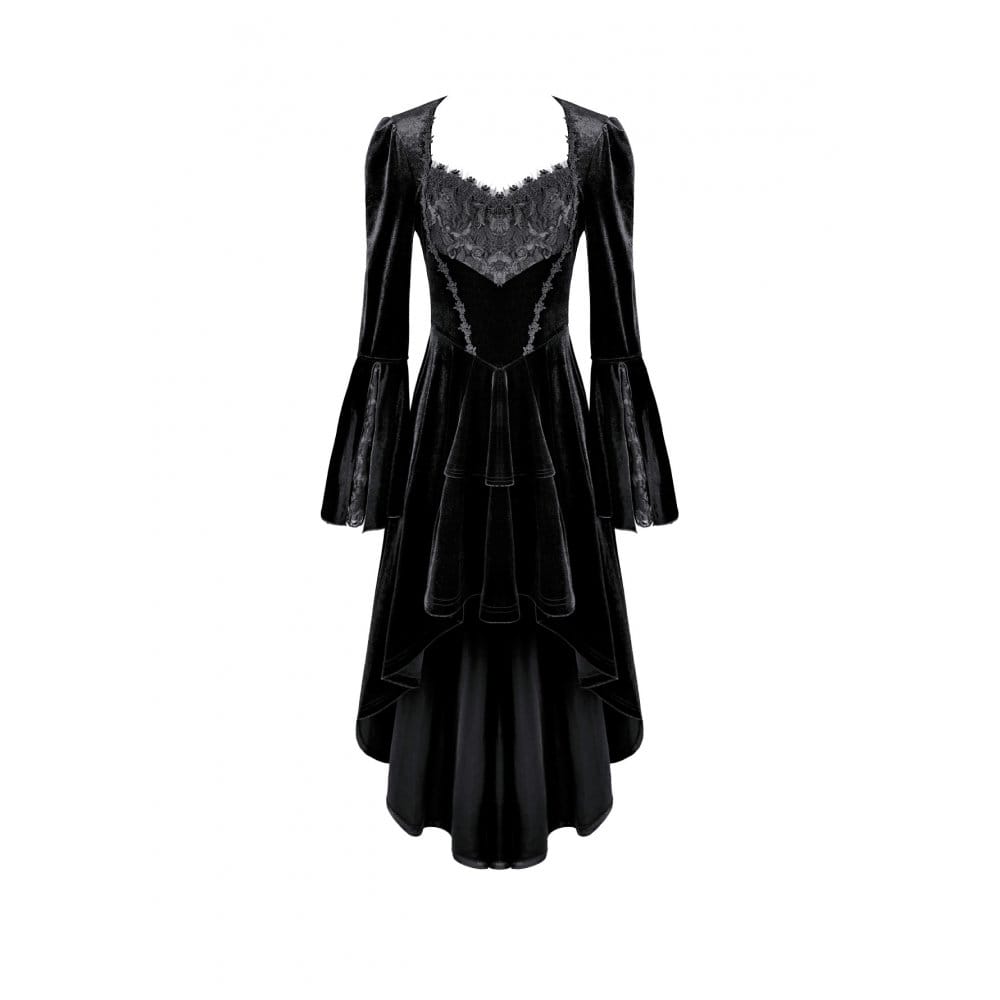 Darkinlove Women's Gothic Rose Lace Splice Ruffle High-Low Hem Flare Sleeve Velvet Dress