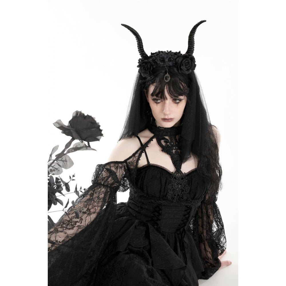 Darkinlove Women's Gothic  Rose Mesh Splice Horned Witchy Headwear