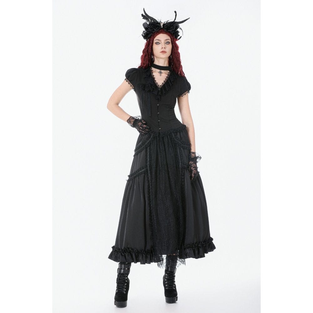 Darkinlove Women's Gothic Rose Ruffled Plunging Short Sleeved Shirt