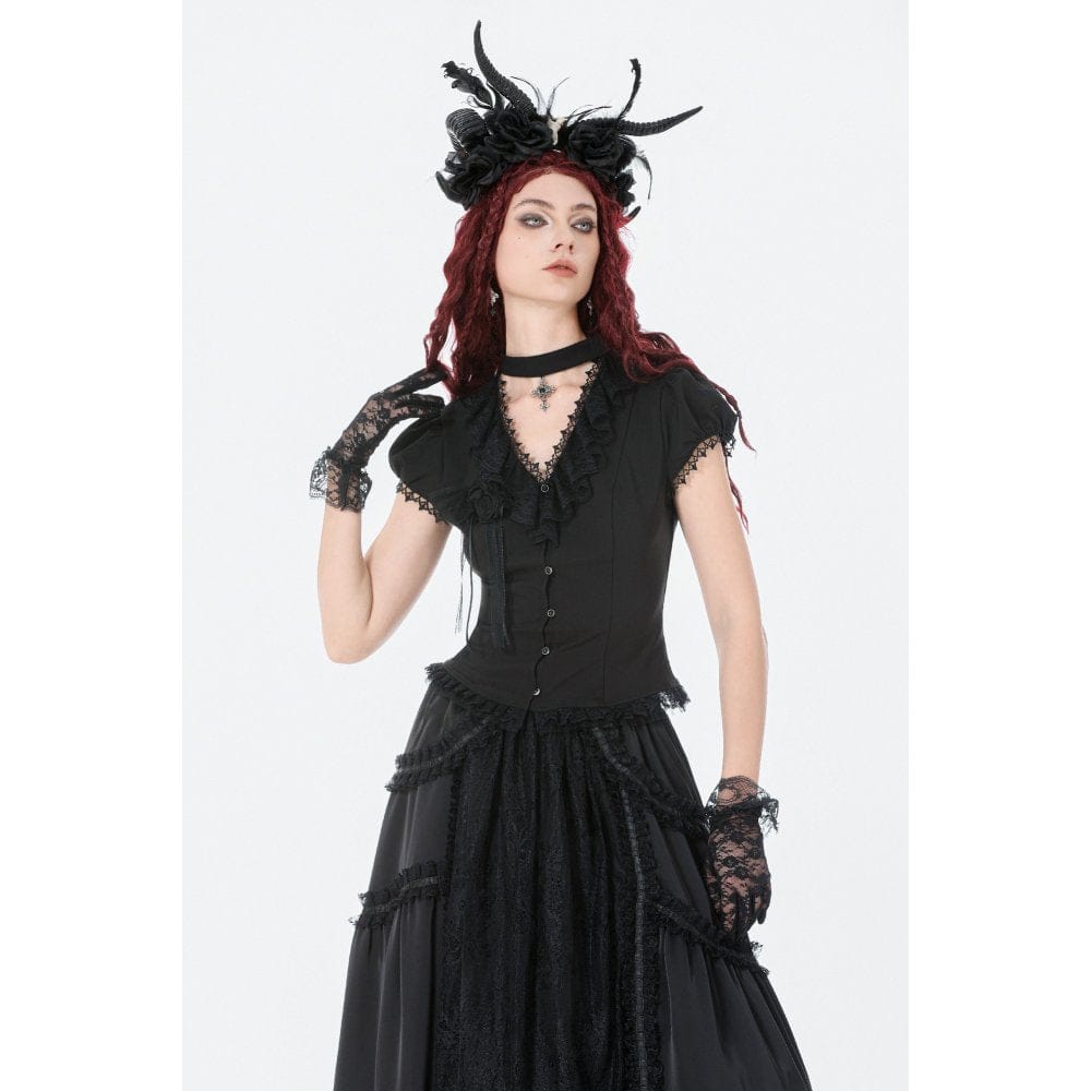 Darkinlove Women's Gothic Rose Ruffled Plunging Short Sleeved Shirt