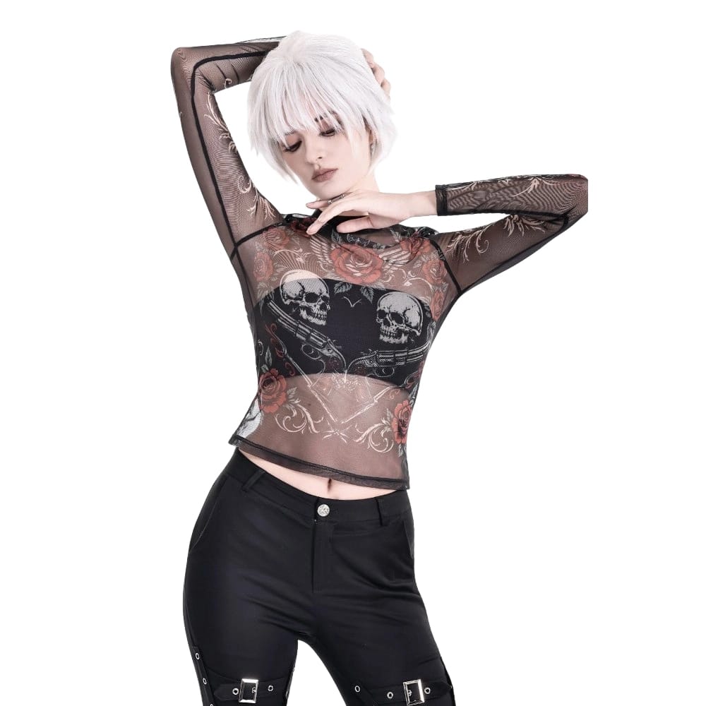 Darkinlove Women's Gothic Rose Skull Printed Mesh Sheer Long Sleeve Top