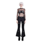 Darkinlove Women's Gothic Rose Skull Printed Mesh Sheer Long Sleeve Top