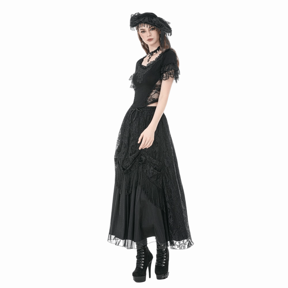 Darkinlove Women's Gothic Rose Tassels Layered Maxi Skirt