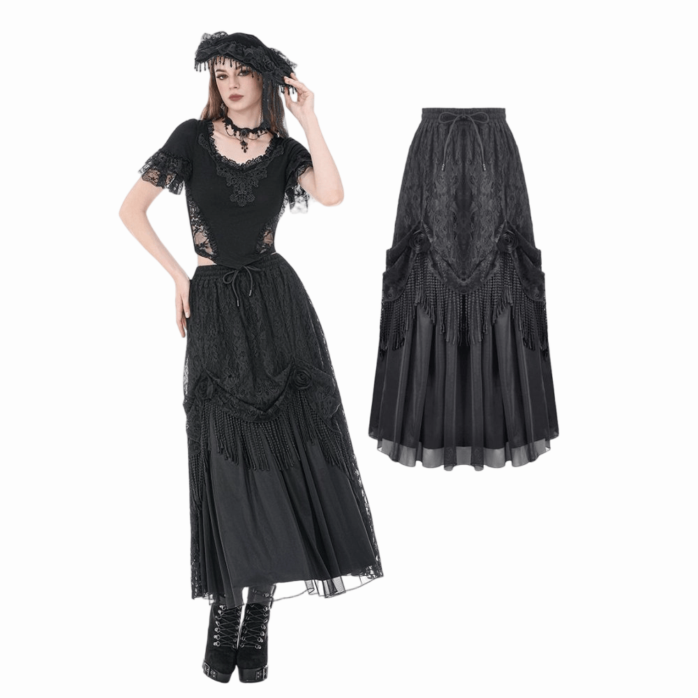 Darkinlove Women's Gothic Rose Tassels Layered Maxi Skirt