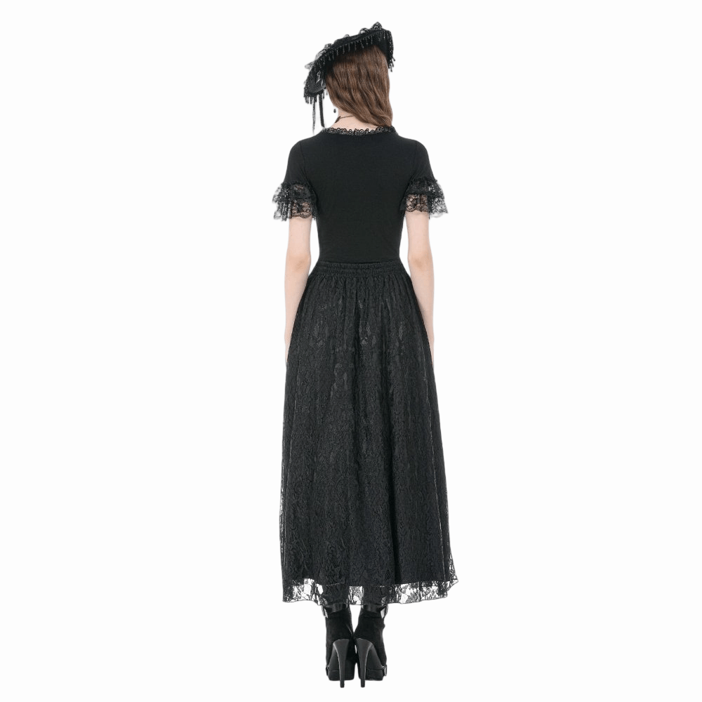 Darkinlove Women's Gothic Rose Tassels Layered Maxi Skirt