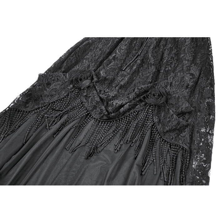 Darkinlove Women's Gothic Rose Tassels Layered Maxi Skirt