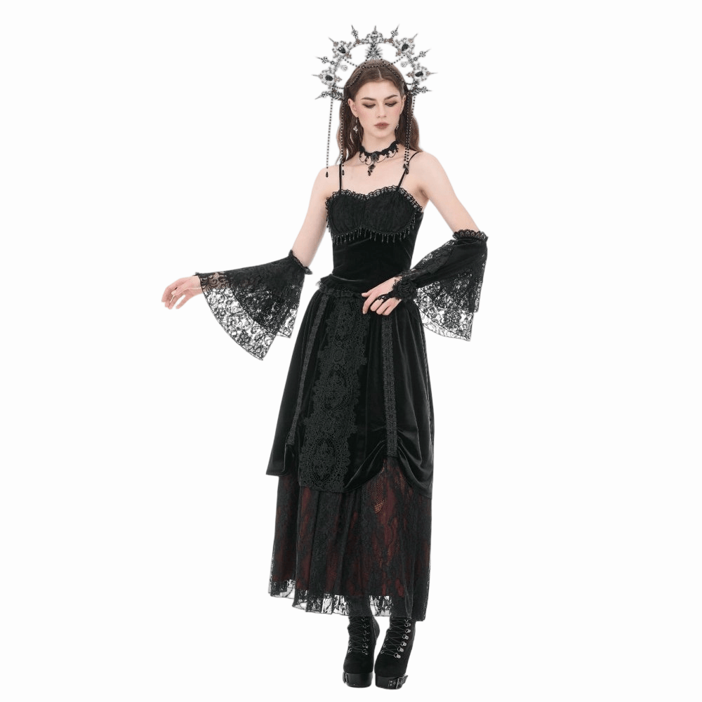 Maniche svasate da donna Darkinlove in velluto rosa gotico con inserti in pizzo