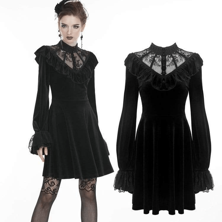 Darkinlove Women's Gothic Ruched Lace V-neck Velvet Dresses