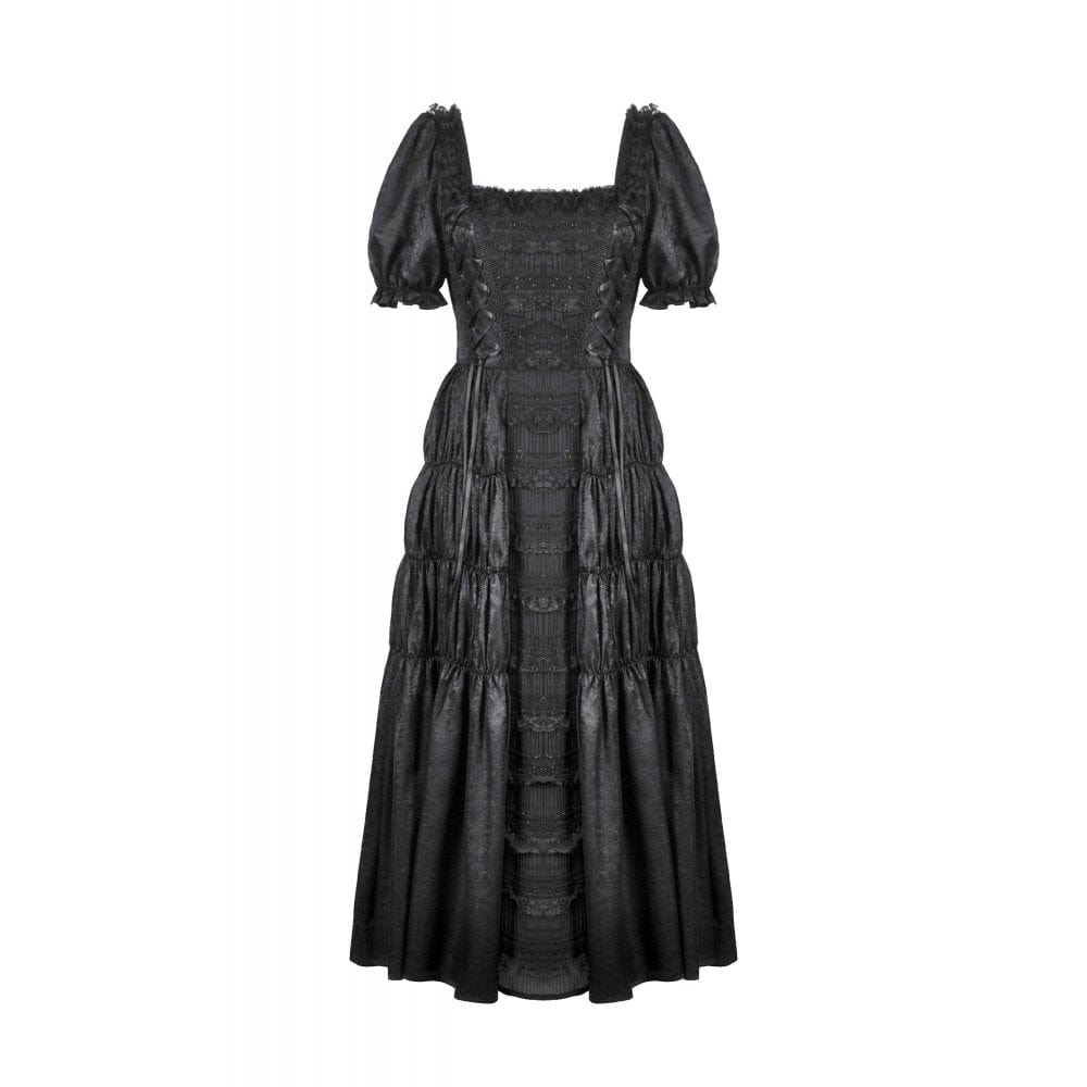 Darkinlove Women's Gothic Ruched Square-cut Collar Puff Short Sleeved Dress