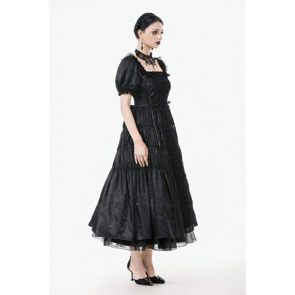 Darkinlove Women's Gothic Ruched Square-cut Collar Puff Short Sleeved Dress