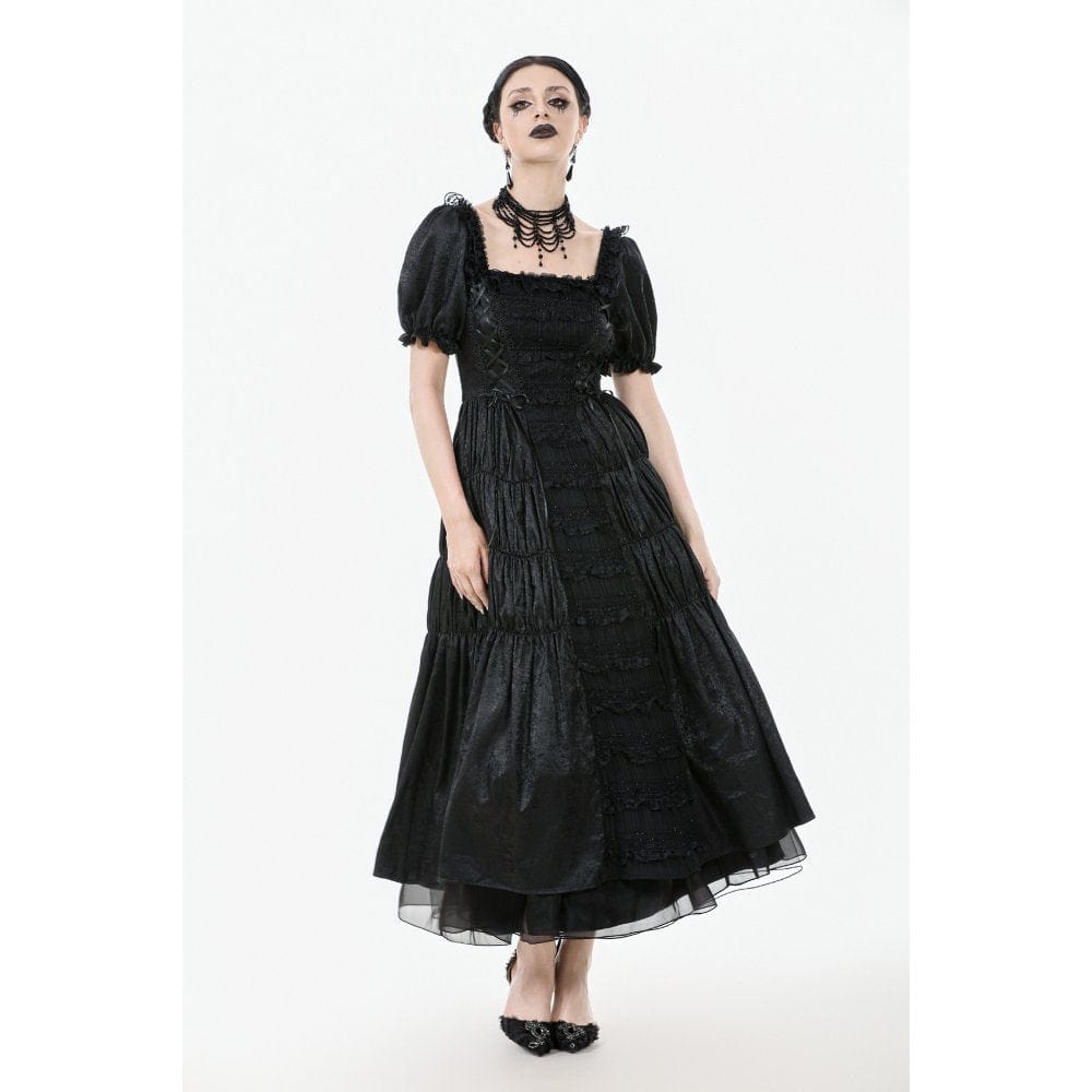 Darkinlove Women's Gothic Ruched Square-cut Collar Puff Short Sleeved Dress