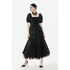 Darkinlove Women's Gothic Ruched Square-cut Collar Puff Short Sleeved Dress