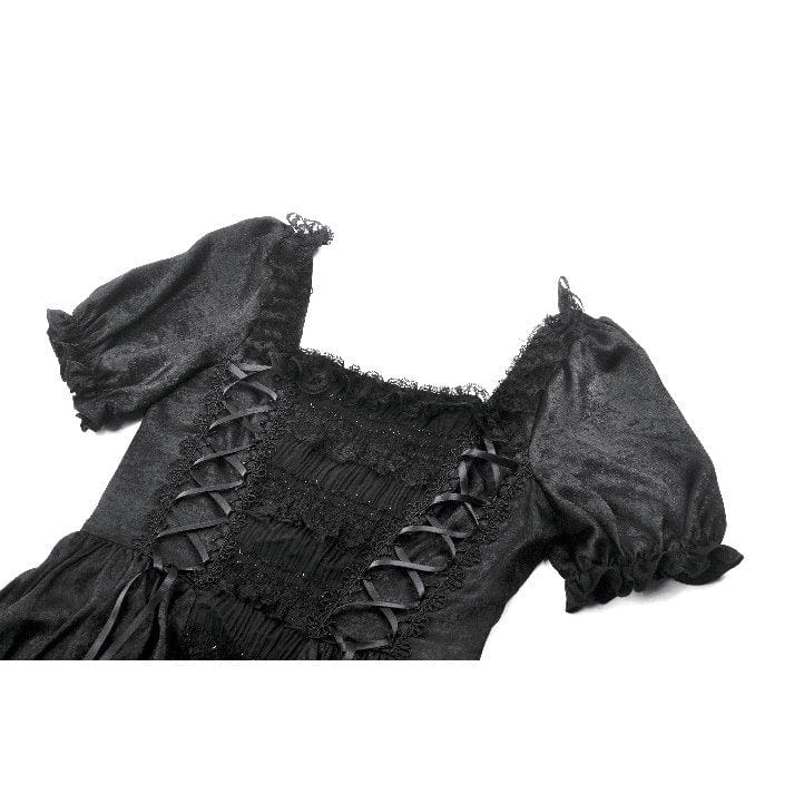 Darkinlove Women's Gothic Ruched Square-cut Collar Puff Short Sleeved Dress