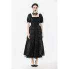 Darkinlove Women's Gothic Ruched Square-cut Collar Puff Short Sleeved Dress