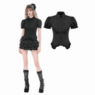 Darkinlove Women's Gothic Ruched Turn-down Collar Puff Short Sleeve Shirt