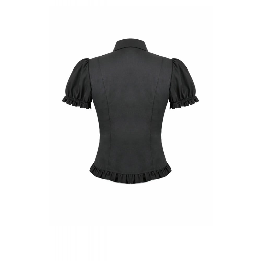 Camicia da donna Darkinlove in stile gotico con colletto risvoltato arricciato e maniche corte a sbuffo.