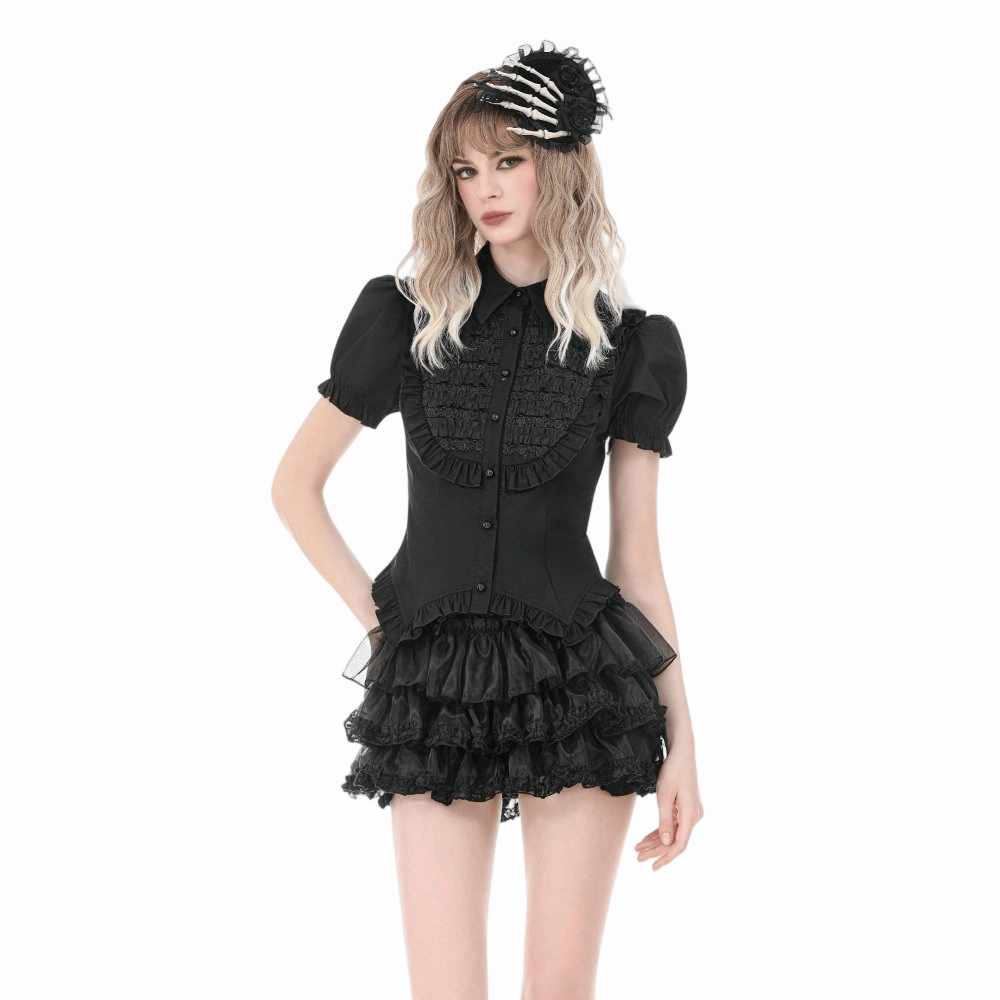 Camicia da donna Darkinlove in stile gotico con colletto risvoltato arricciato e maniche corte a sbuffo.