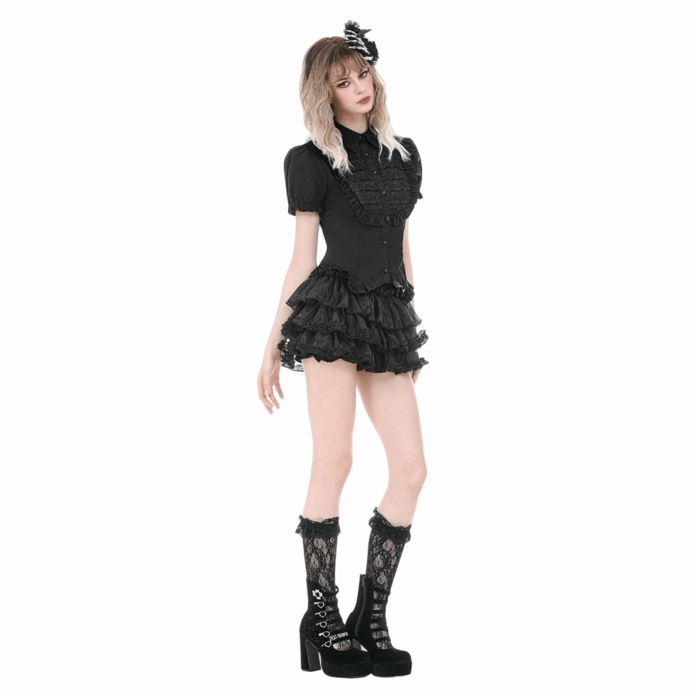Camicia da donna Darkinlove in stile gotico con colletto risvoltato arricciato e maniche corte a sbuffo.