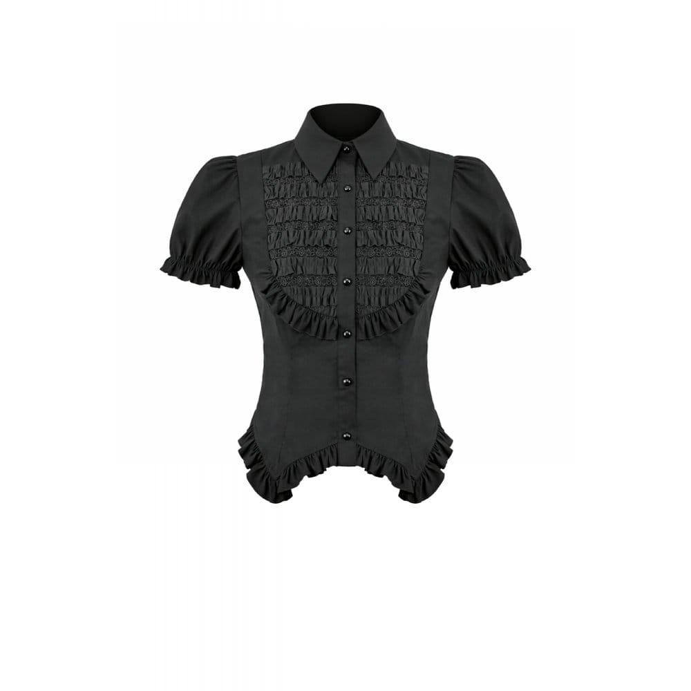 Camicia da donna Darkinlove in stile gotico con colletto risvoltato arricciato e maniche corte a sbuffo.