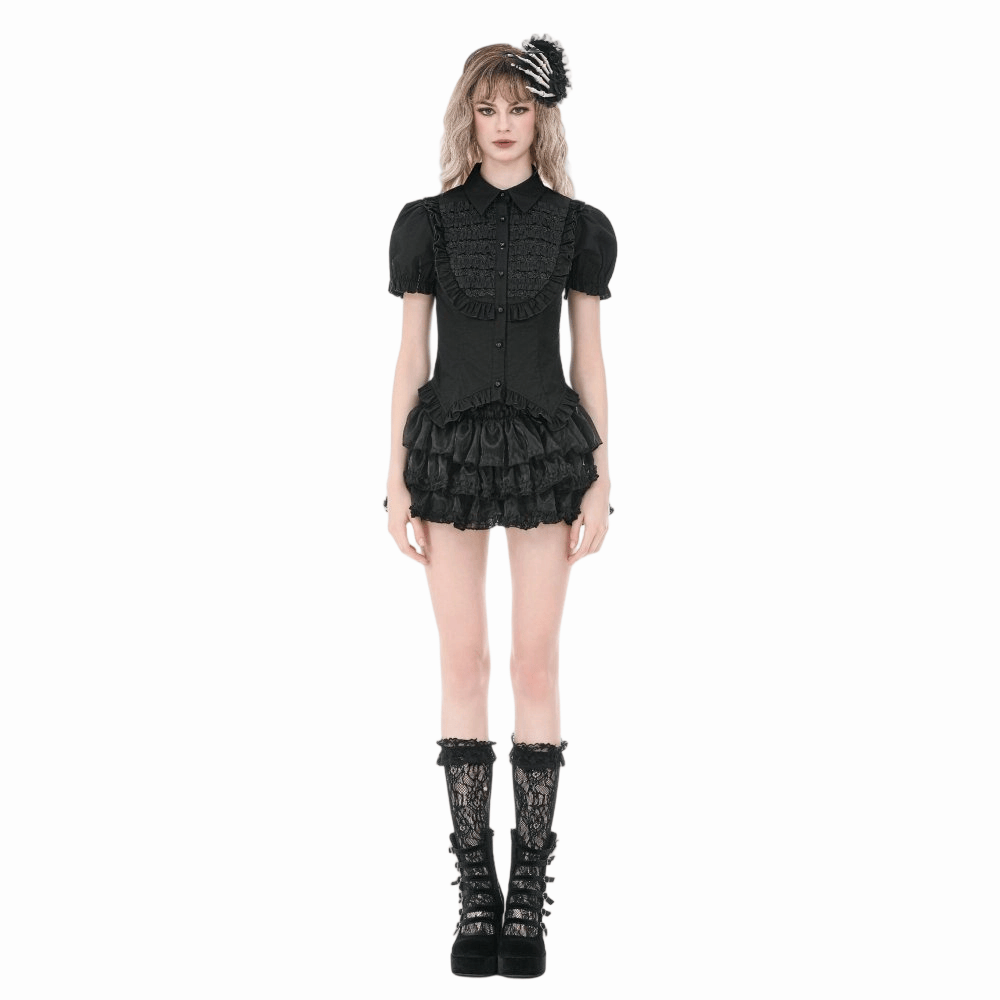 Camicia da donna Darkinlove in stile gotico con colletto risvoltato arricciato e maniche corte a sbuffo.
