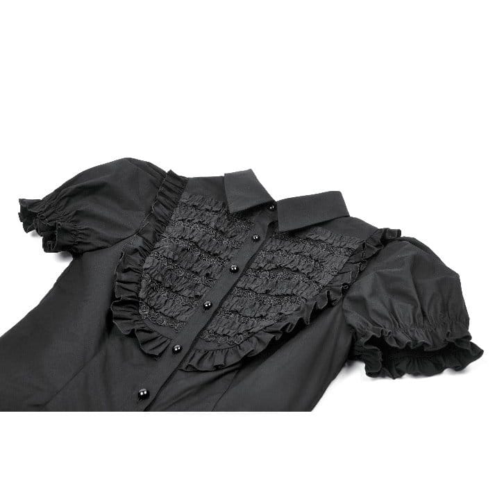 Camicia da donna Darkinlove in stile gotico con colletto risvoltato arricciato e maniche corte a sbuffo.